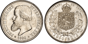 As últimas moedas brasileiras que tinham caras e coroas foram emitidas nos fins do Império, como esta de 2000 réis de 1886; de um lado, está a cara de Dom Pedro II, do outro o brasão e a coroa imperial. (Foto: en.numista.com)